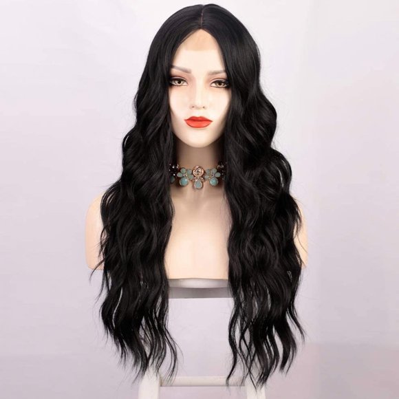 AISI QUEENS Long Black Wavy Wigs for Women Middle Part Curly Black Wig Natural - Picture 2 of 9